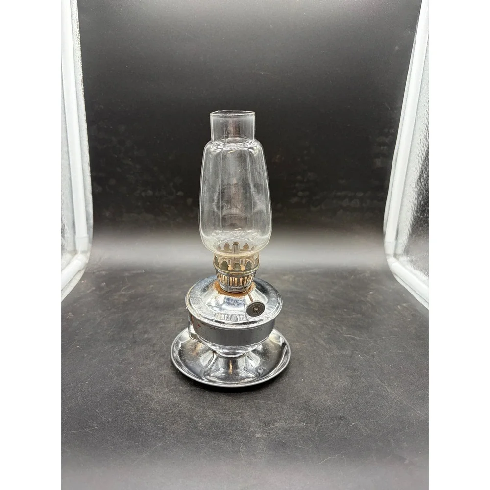 Vintage Miniature Chrome Oil Lamp with Glass Chimney Finger Hold Base